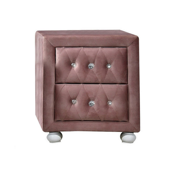 Rex 17 Inch Modern Upholstered Nightstand, 2 Drawer, Crystal Handles, Pink - BM279727