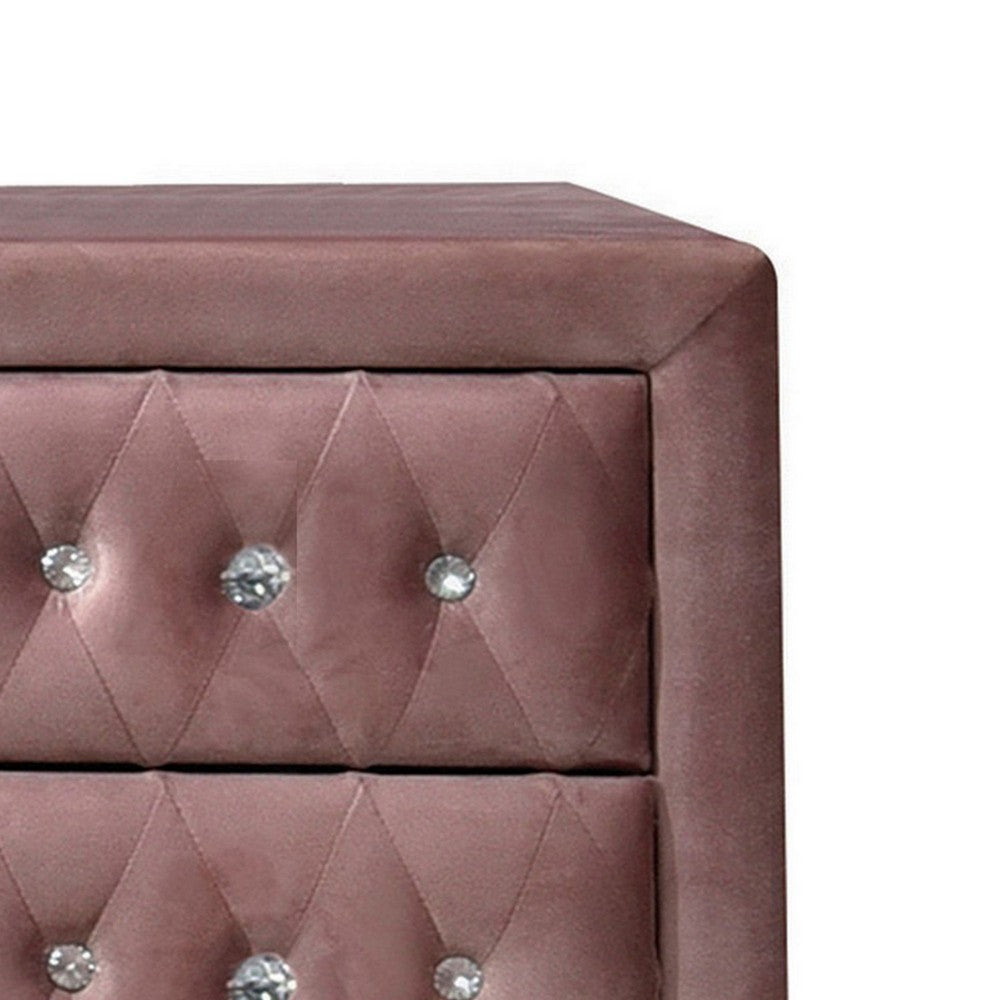 Rex 17 Inch Modern Upholstered Nightstand, 2 Drawer, Crystal Handles, Pink - BM279727