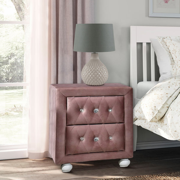 Rex 17 Inch Modern Upholstered Nightstand, 2 Drawer, Crystal Handles, Pink - BM279727