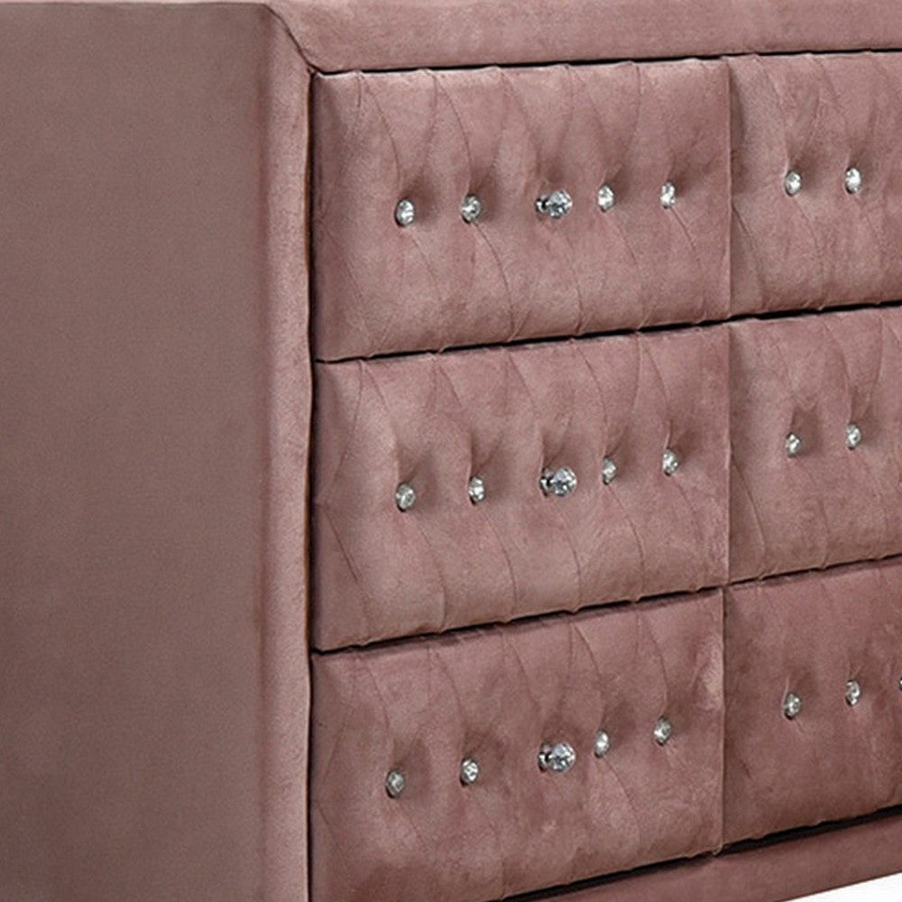 Rex 40 Inch Modern Upholstered Dresser, 6 Drawers, Crystal Handles, Pink - BM279728