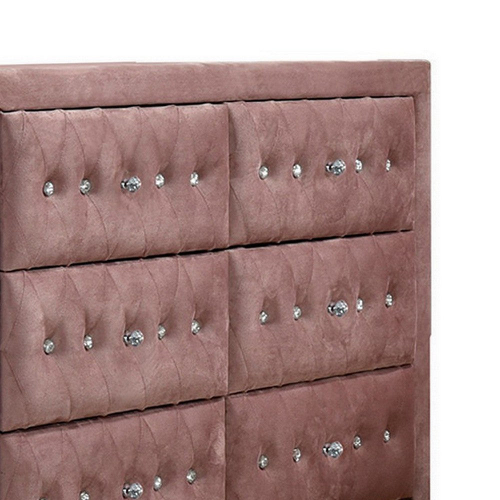 Rex 40 Inch Modern Upholstered Dresser, 6 Drawers, Crystal Handles, Pink - BM279728