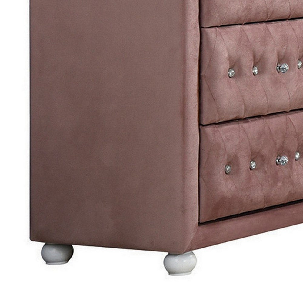 Rex 40 Inch Modern Upholstered Dresser, 6 Drawers, Crystal Handles, Pink - BM279728