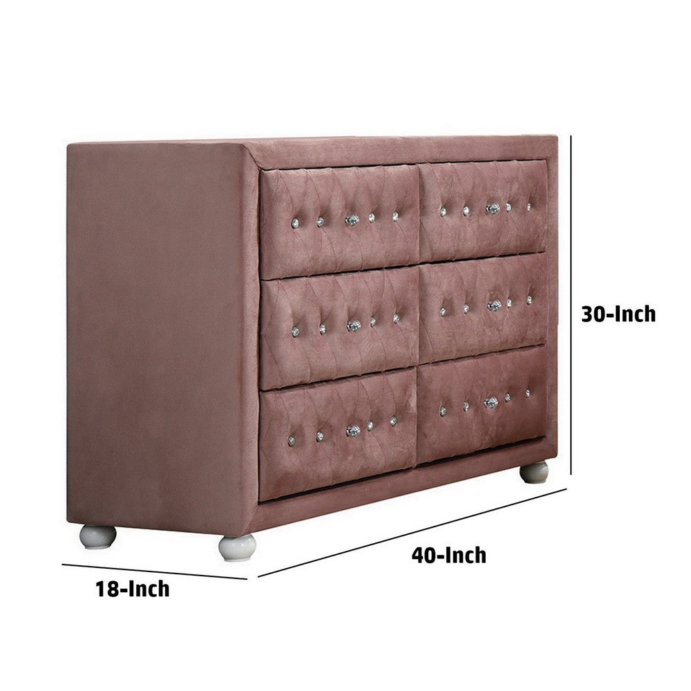 Benzara Rex 40 Inch Modern Upholstered Dresser, 6 Drawers, Crystal Handles, Pink - BM279728 Benzara Rex 40 Inch Modern Upholstered Dresser, 6 Drawers, Crystal Handles, Pink - BM279728