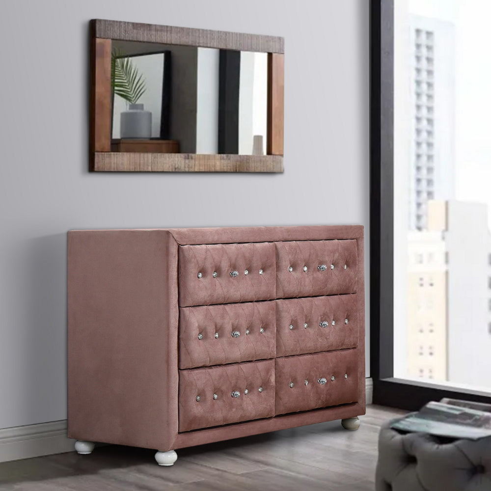 Benzara Rex 40 Inch Modern Upholstered Dresser, 6 Drawers, Crystal Handles,  Pink - BM279728