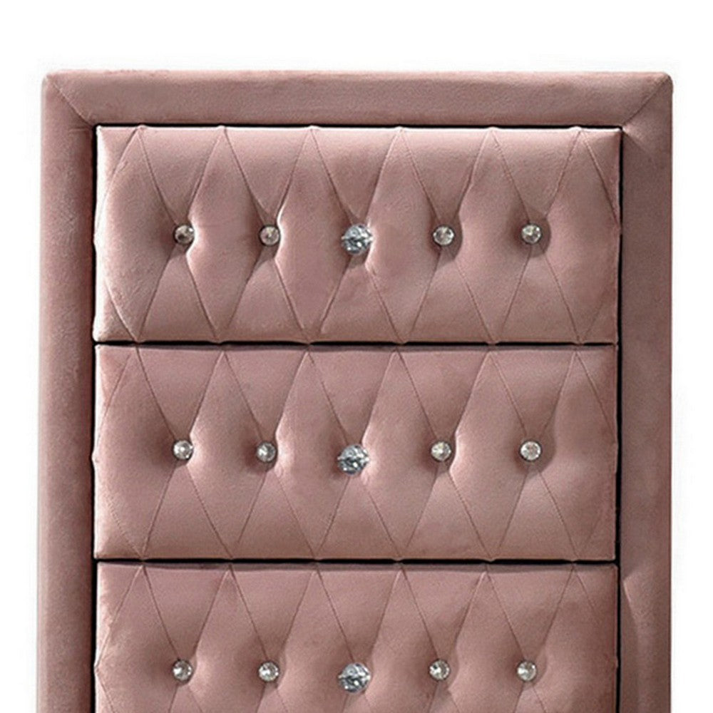 Rex 38 Inch Tall Upholstered Dresser Chest, 4 Drawer, Crystal Handles, Pink - BM279729