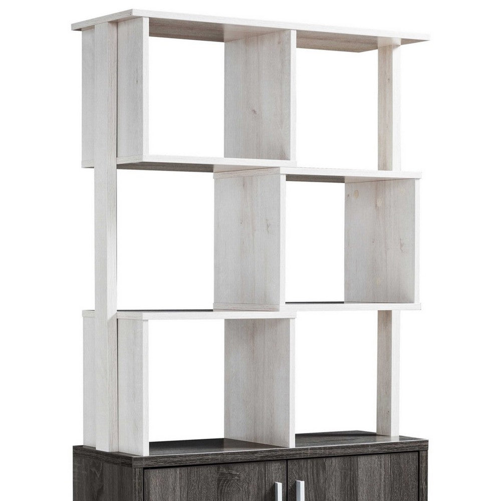 Crew 68 Inch Wood Bookcase Unit, 1 Cabinet, 6 Compartments, Oak White, Gray - BM279733