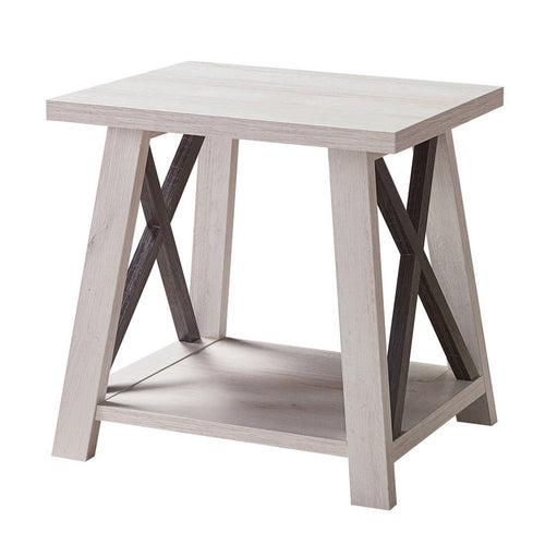 Tess 22 Inch Farmhouse End Table, 1 Shelf, Wood, White Oak, Distressed Grey - BM279758