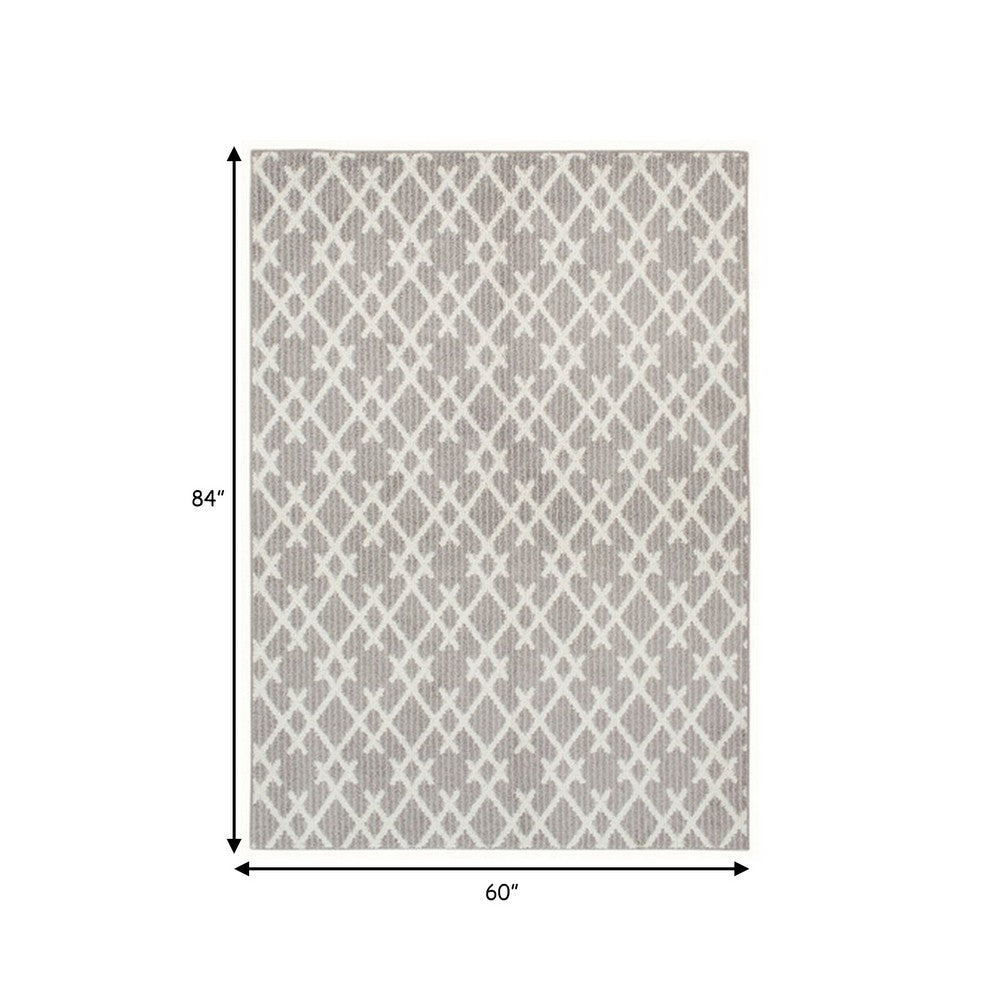 5 x 7 Fabric Floor Area Rug, Diamond, Symmetrical, Medium, Gray, Ivory - BM280194