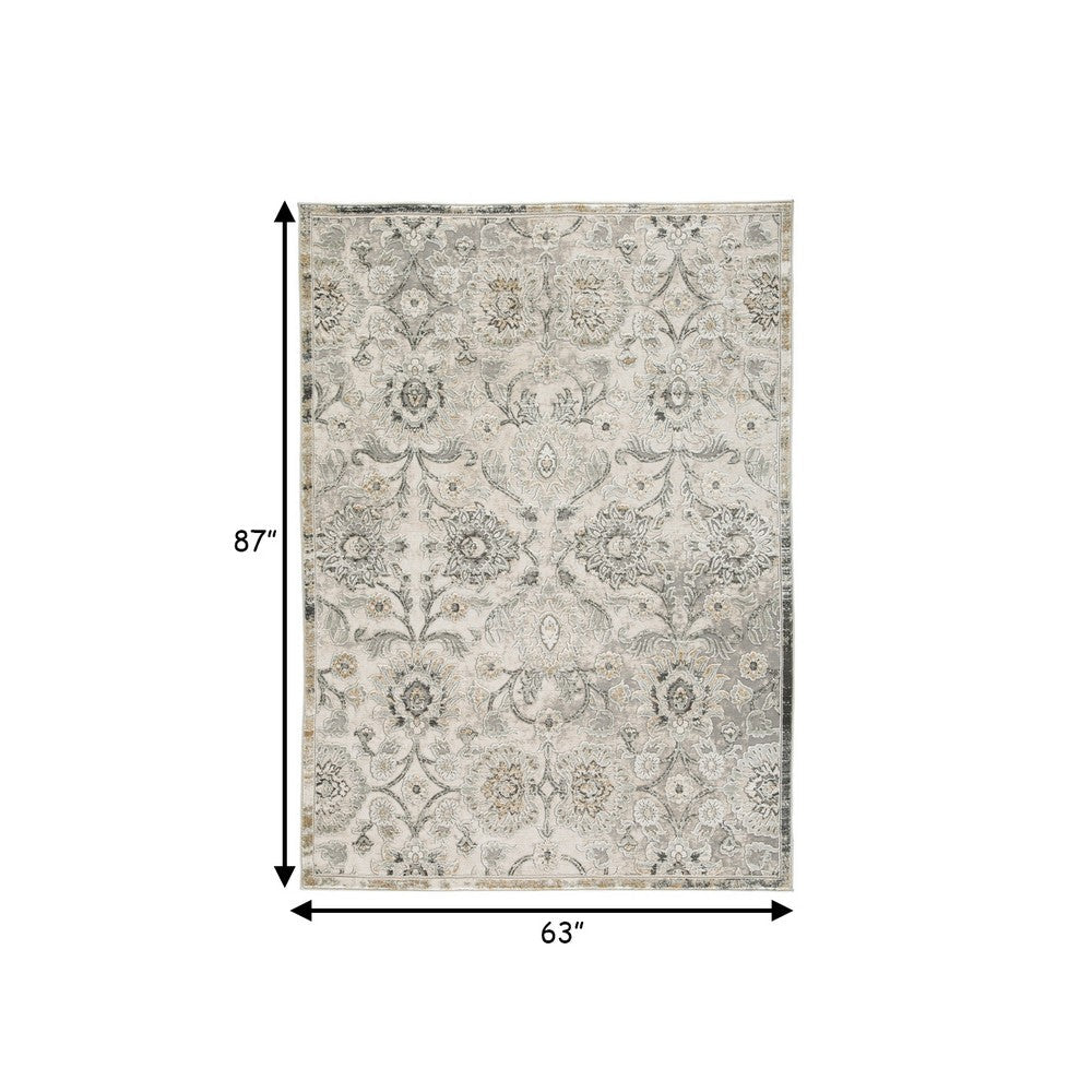 Aza 5 x 7 Floor Area Rug, Damask Floral, 9mm, Medium, Sage Green, Cream - BM280205