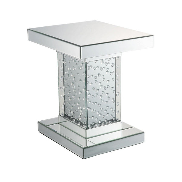 Pali 20 Inch Square Pedestal End Table, Mirrored, Faux Crystal Inlay, Silver - BM280269