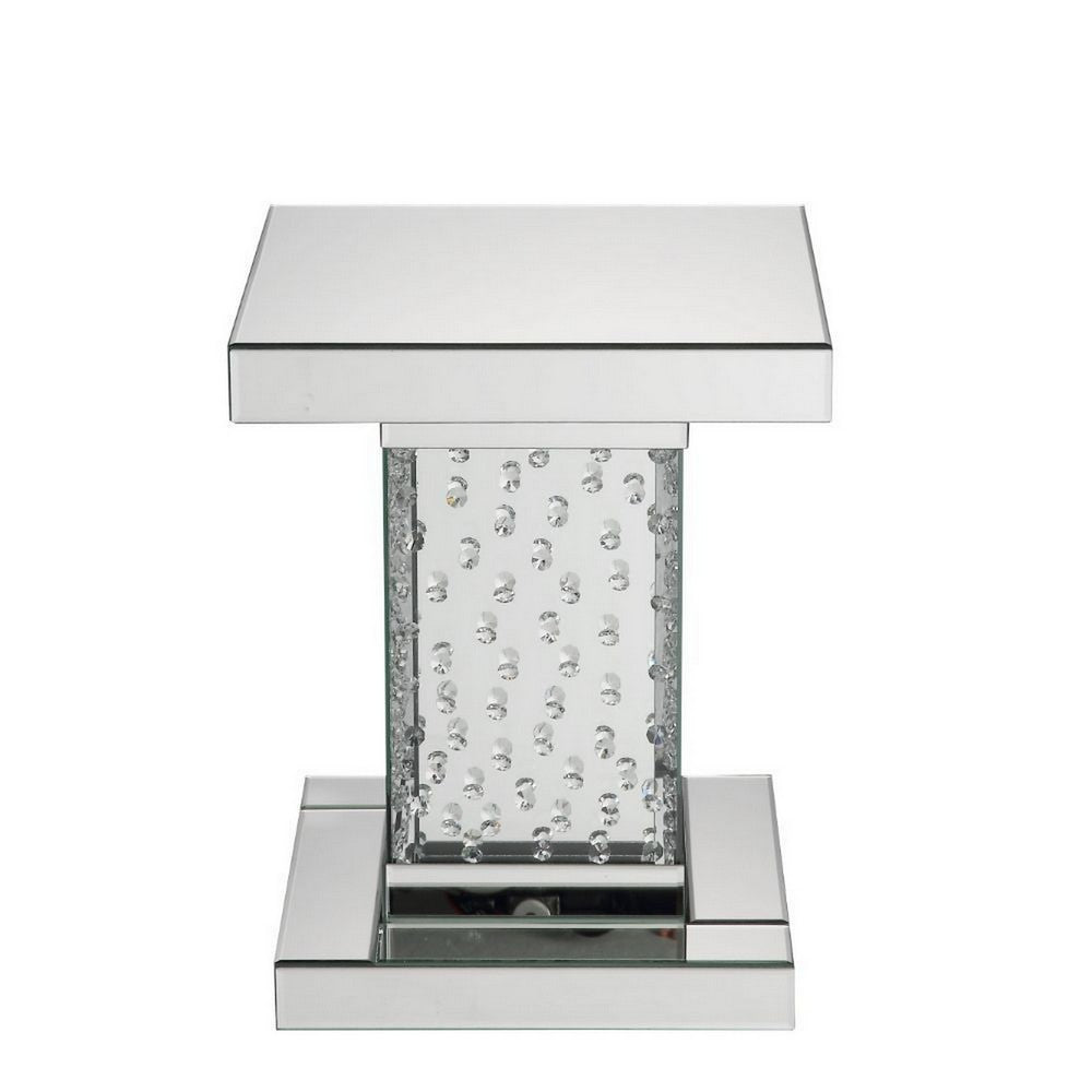 Pali 20 Inch Square Pedestal End Table, Mirrored, Faux Crystal Inlay, Silver - BM280269