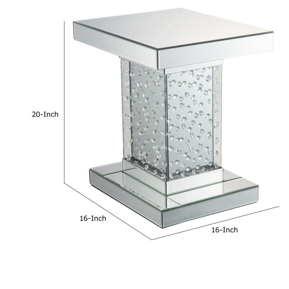 Pali 20 Inch Square Pedestal End Table, Mirrored, Faux Crystal Inlay, Silver - BM280269