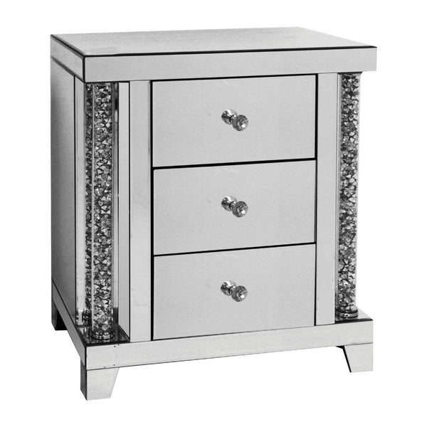 Noe 26 Inch 3 Drawer Accent Table Nightstand, Mirrored, Faux Diamond Inlay, Silver - BM280272