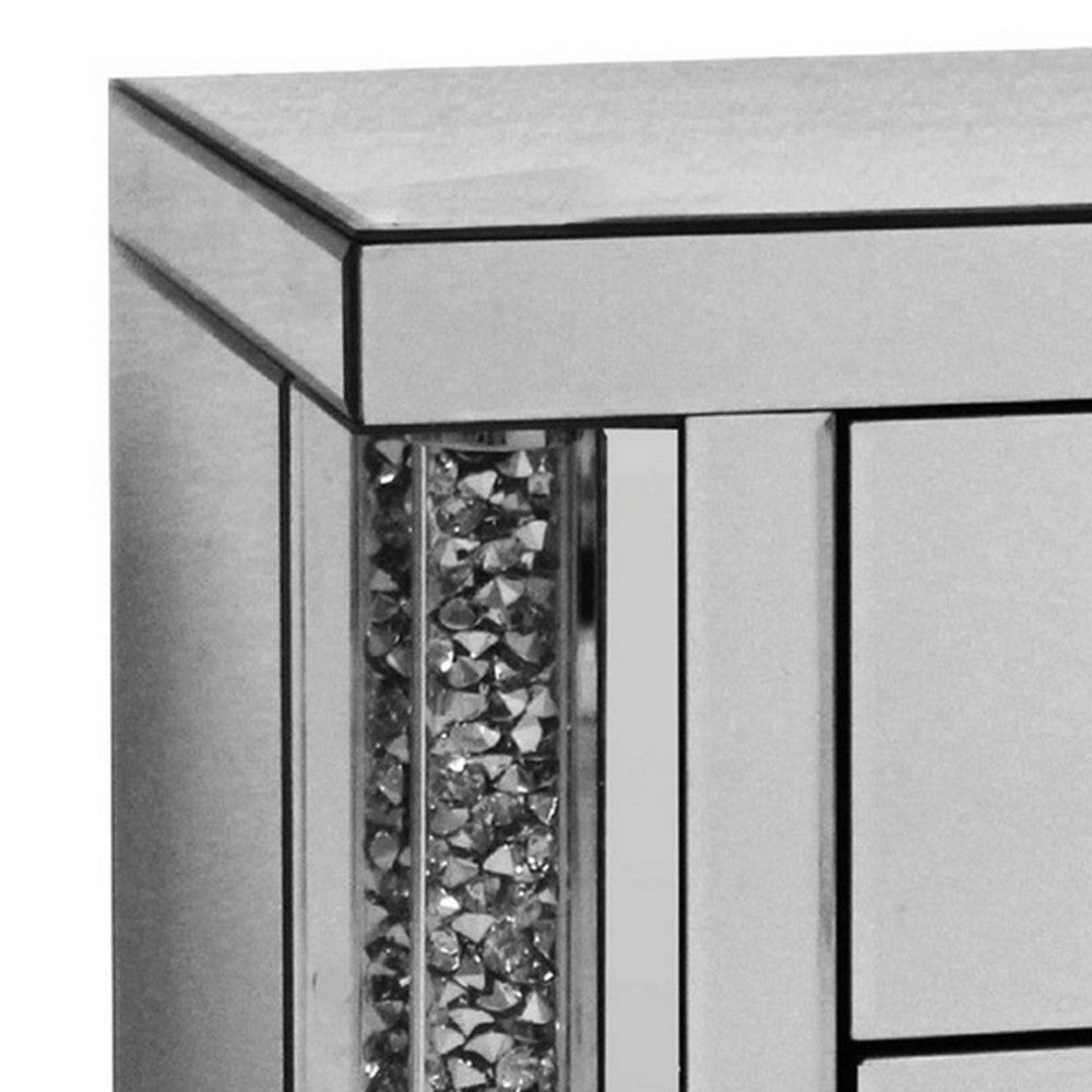 Noe 26 Inch 3 Drawer Accent Table Nightstand, Mirrored, Faux Diamond Inlay, Silver - BM280272