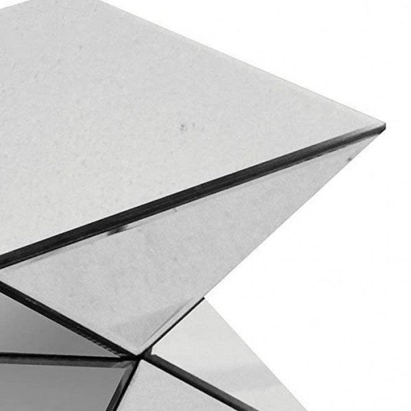 20 Inch Modern End Table, Square Mirror Top, Silver Geometric Pedestal Base - BM280277
