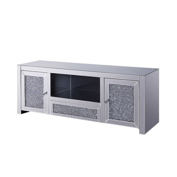 Noe 59 Inch Wood TV Entertainment Media Console, Faux Diamond Inlay, Silver - BM280280