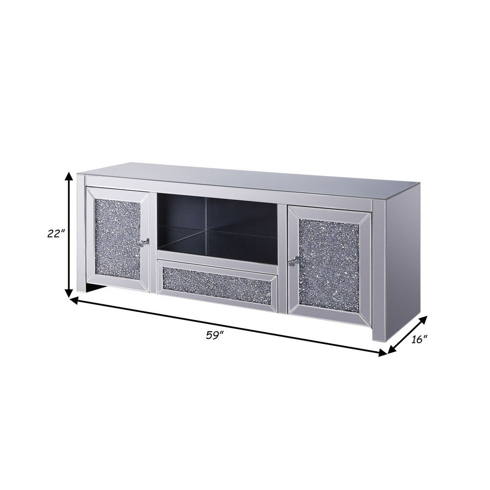 Noe 59 Inch Wood TV Entertainment Media Console, Faux Diamond Inlay, Silver - BM280280