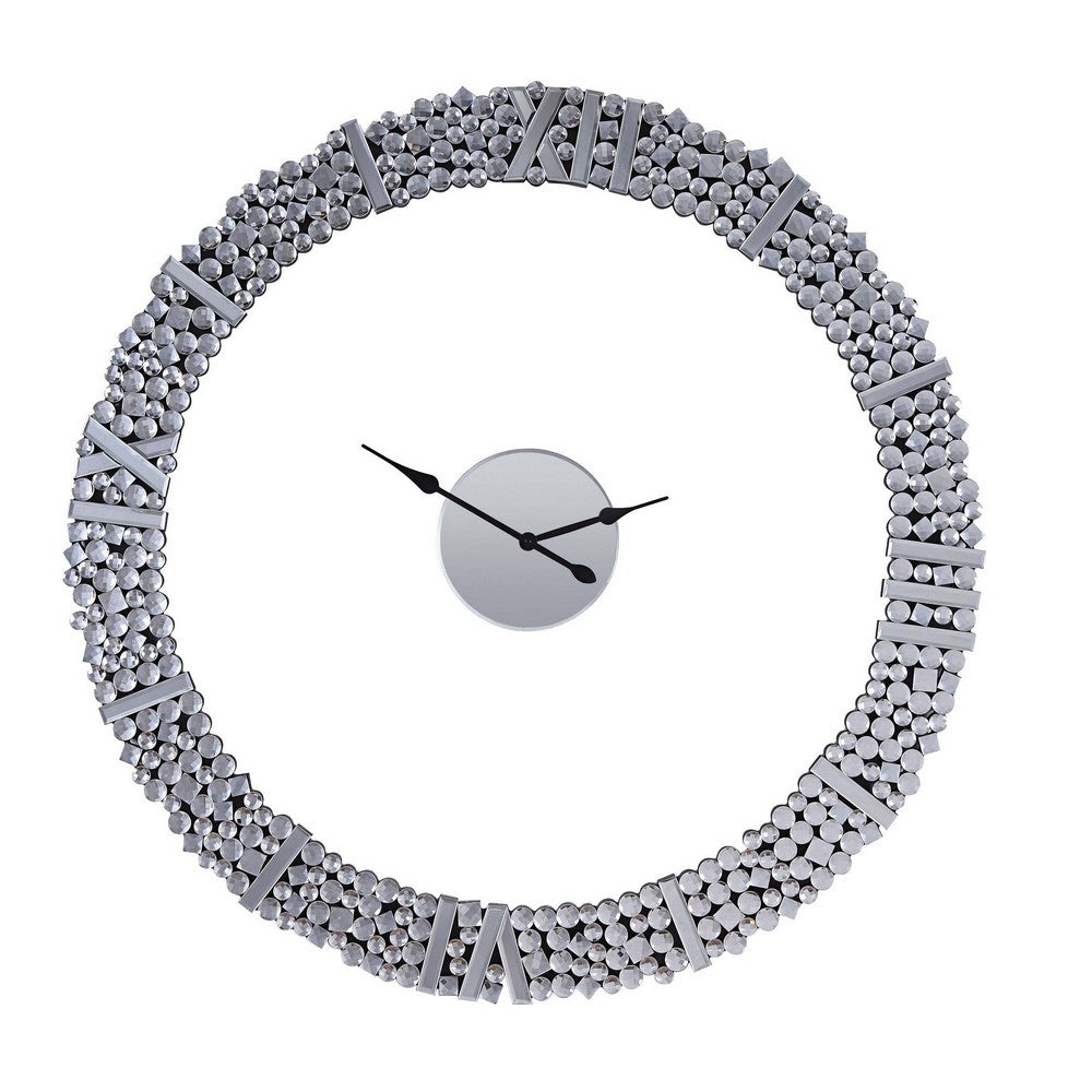 39 Inch Modern Analog Wall Clock, Faux Gem Inlay, Quartz, Silver - BM280297