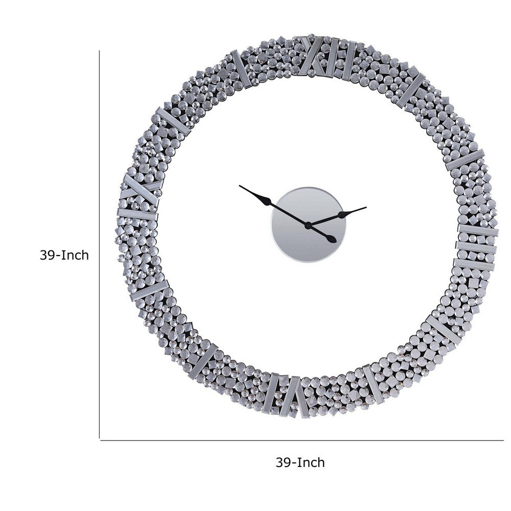 39 Inch Modern Analog Wall Clock, Faux Gem Inlay, Quartz, Silver - BM280297