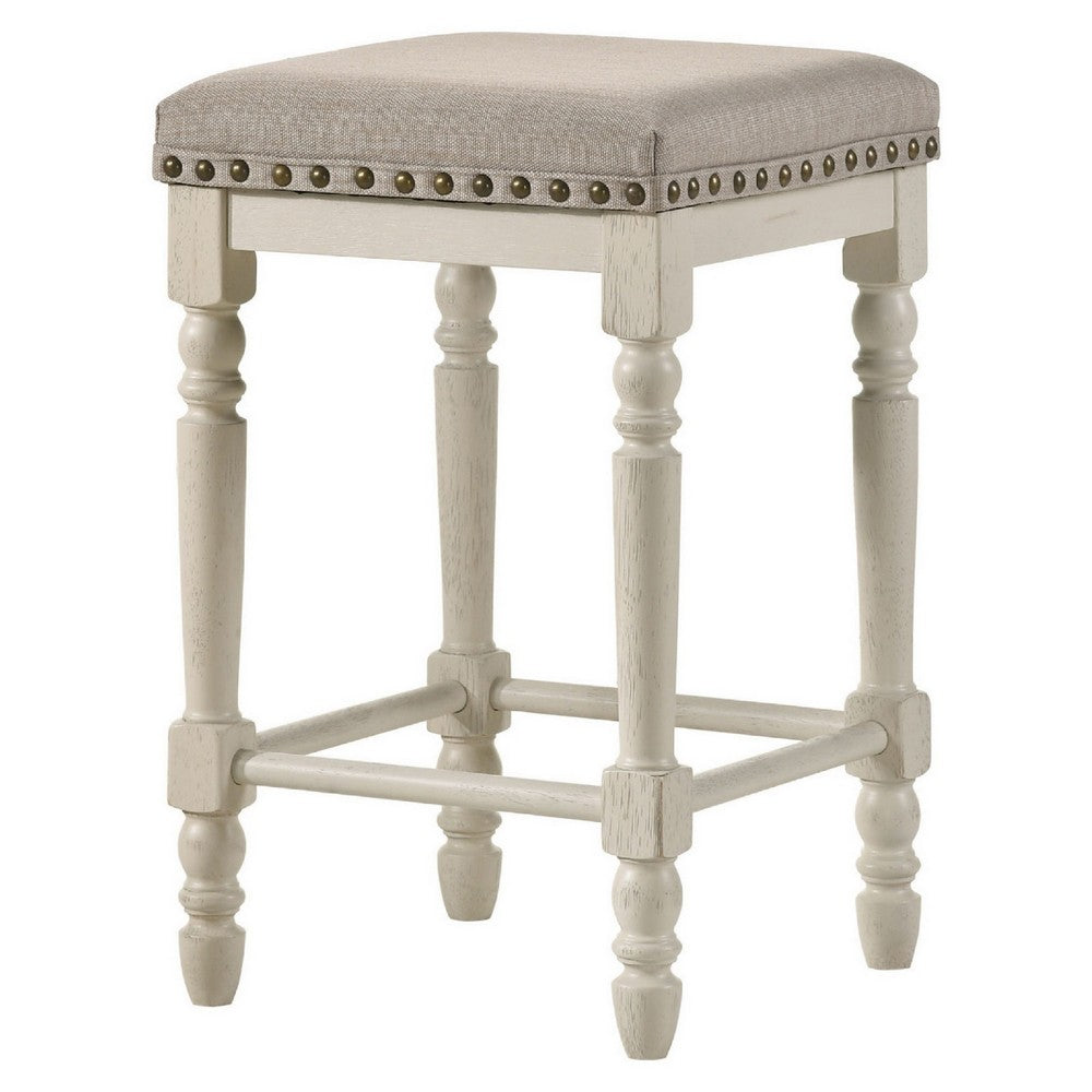 24 Inch Counter Height Stool, Luxe Nailhead Trim, Set of 2, Antique White - BM280303