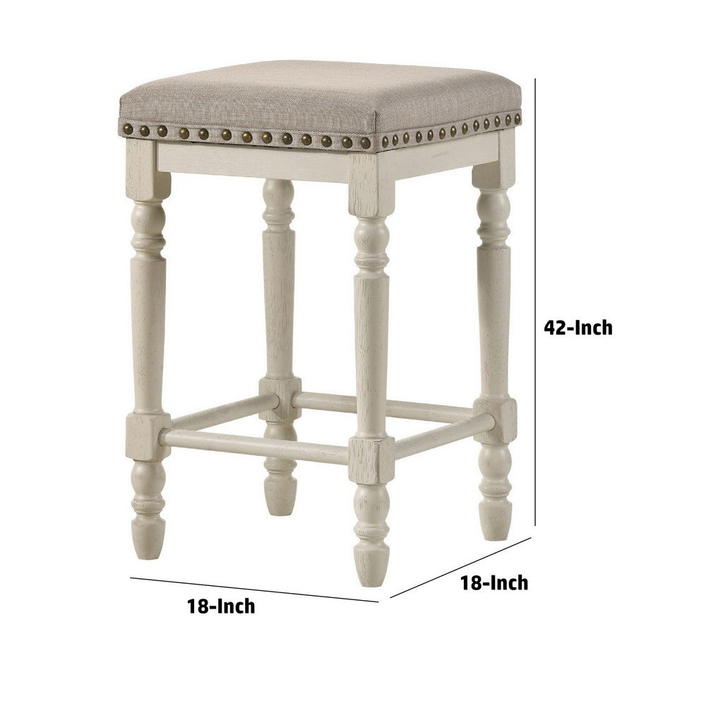 24 Inch Counter Height Stool, Luxe Nailhead Trim, Set of 2, Antique White - BM280303