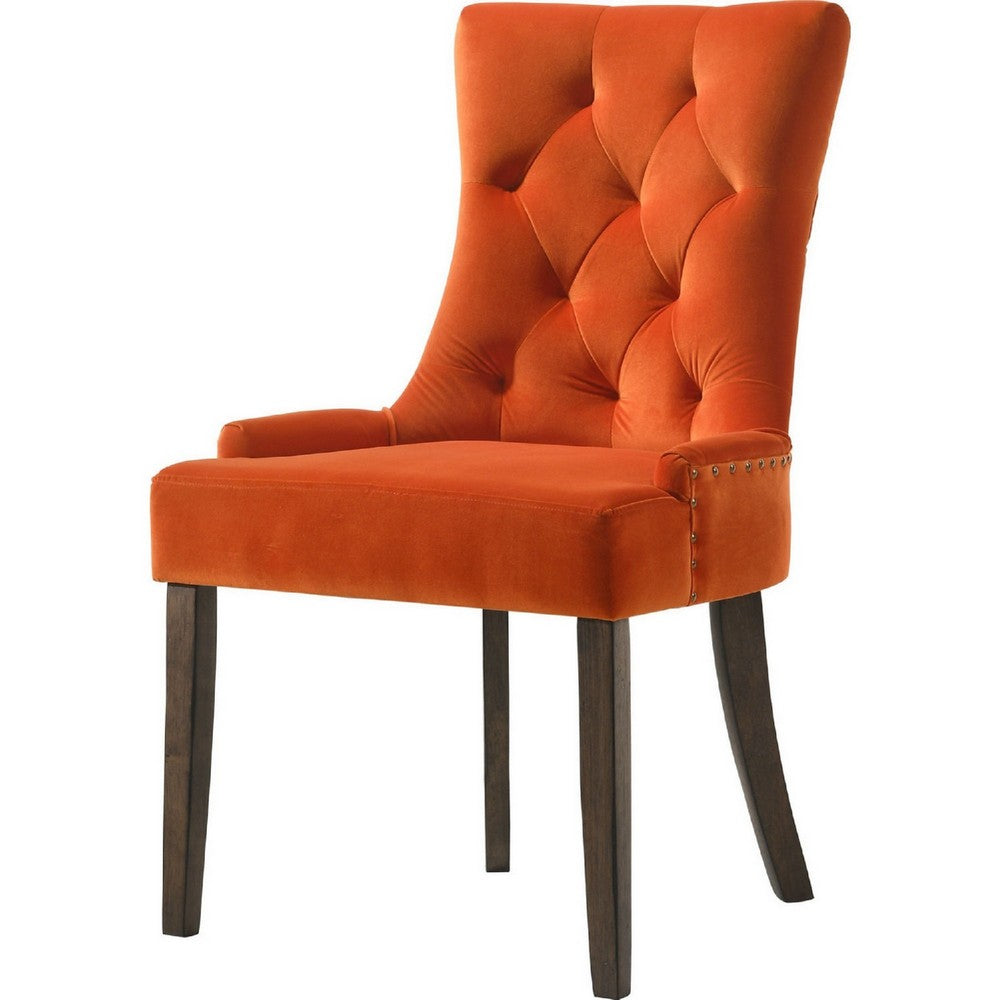 Esme 24 Inch Solid Wood Dining Chair, Velvet, Tufted, Set of 2, Orange - BM280323