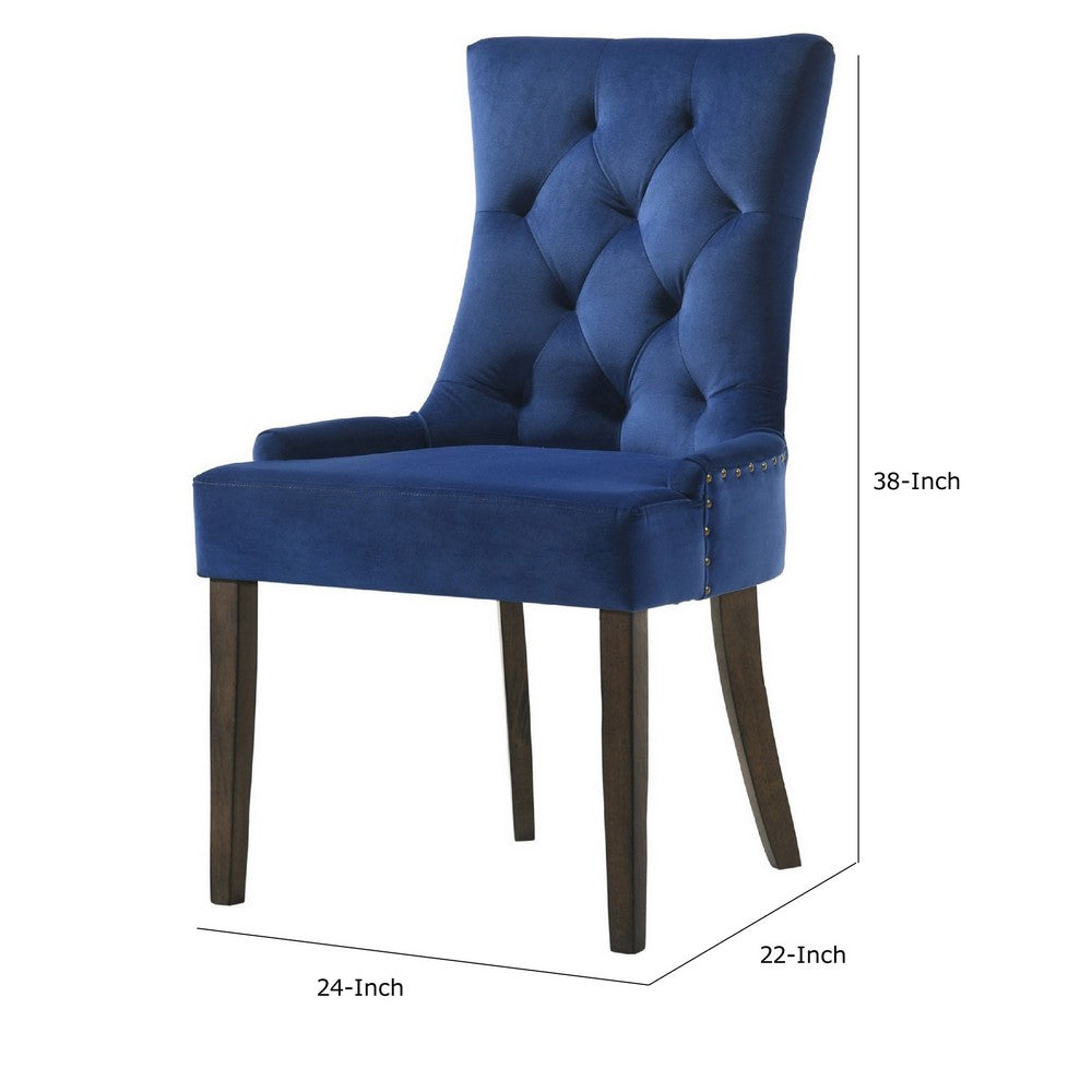 Esme 24 Inch Solid Wood Dining Chair, Velvet, Tufted, Set of 2, Dark Blue - BM280324