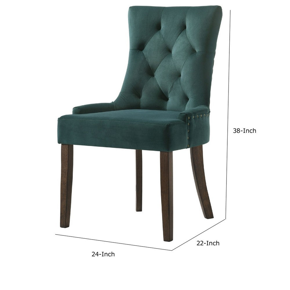 Esme 24 Inch Solid Wood Dining Chair, Velvet, Tufted, Set of 2, Green - BM280325