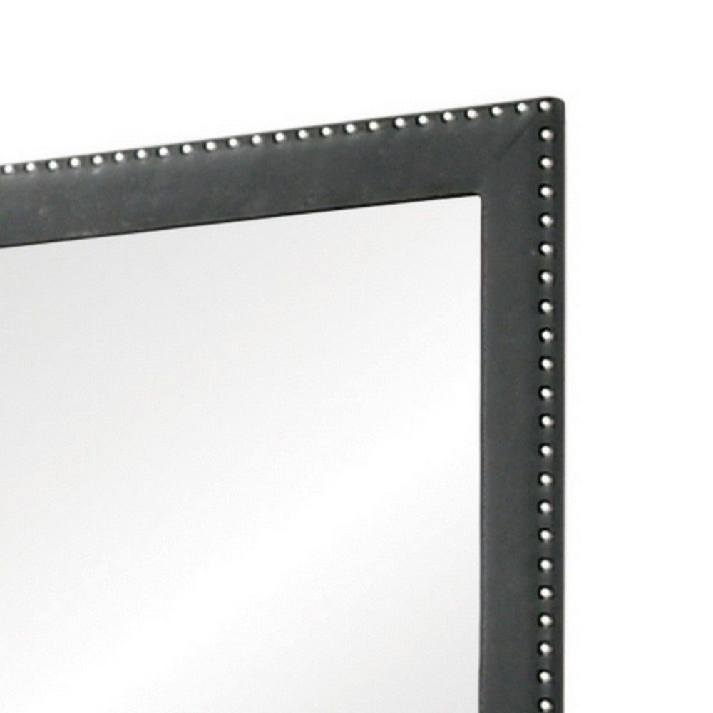 Cale 40 Inch Modern Portrait Mirror, Velvet Upholstery, Nailhead Trim, Gray - BM280340