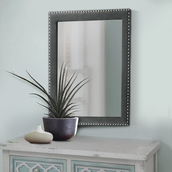 Cale 40 Inch Modern Portrait Mirror, Velvet Upholstery, Nailhead Trim, Gray - BM280340