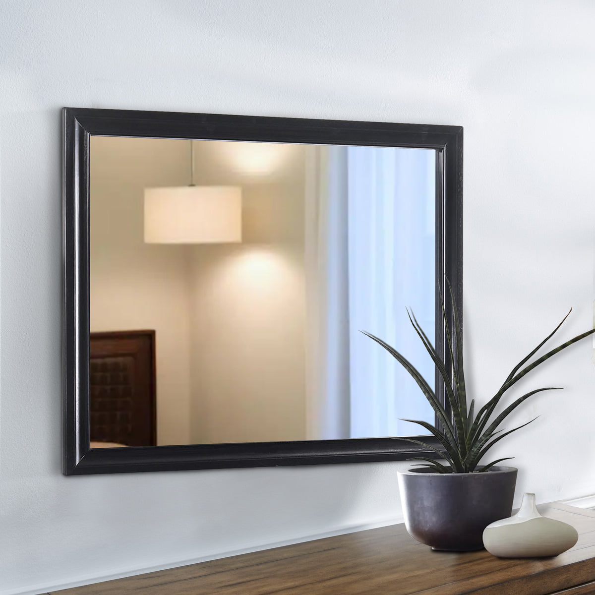 47 Inch Wood Mirror, Landscape Frame, Classic, Black - BM280342