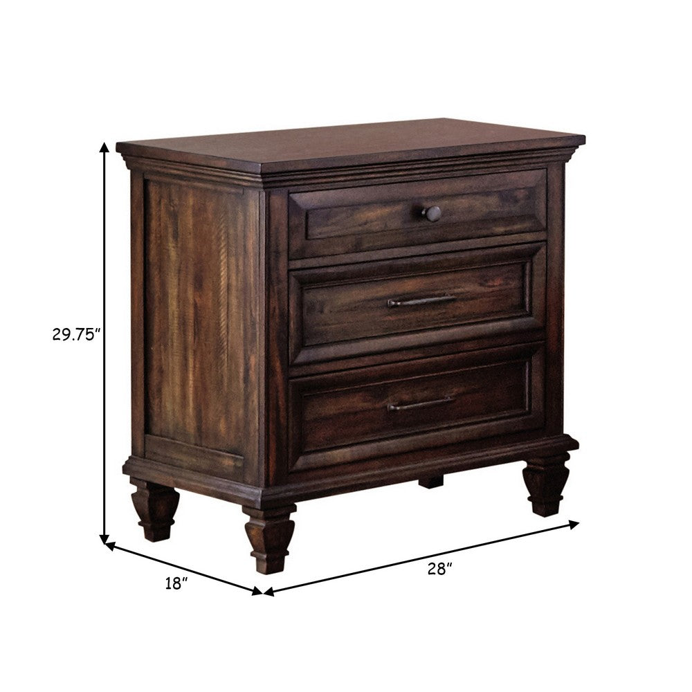 Oxy 30 Inch European Classic Nightstand, 3 Drawers, USB Ports, Wood, Brown - BM280360