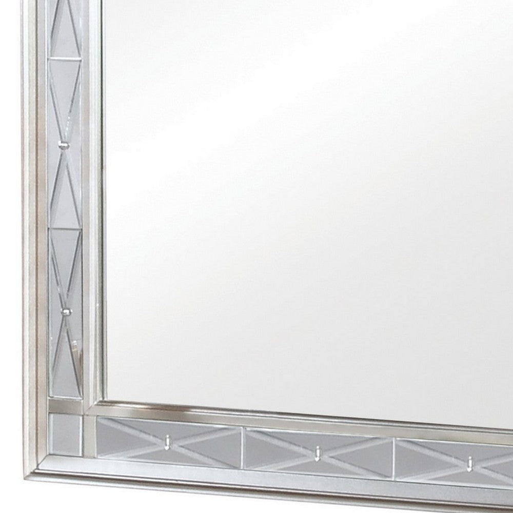 41 Inch Vanity Mirror, Etched Glass Trim, Wood Frame, Metallic Silver - BM280365