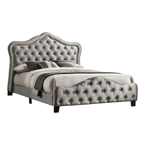 87 Inch Classic Upholstered Queen Size Bed, Scalloped, Button Tufted, Gray - BM280394