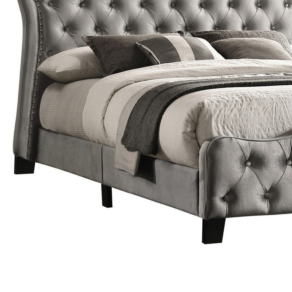 87 Inch Classic Upholstered Queen Size Bed, Scalloped, Button Tufted, Gray - BM280394