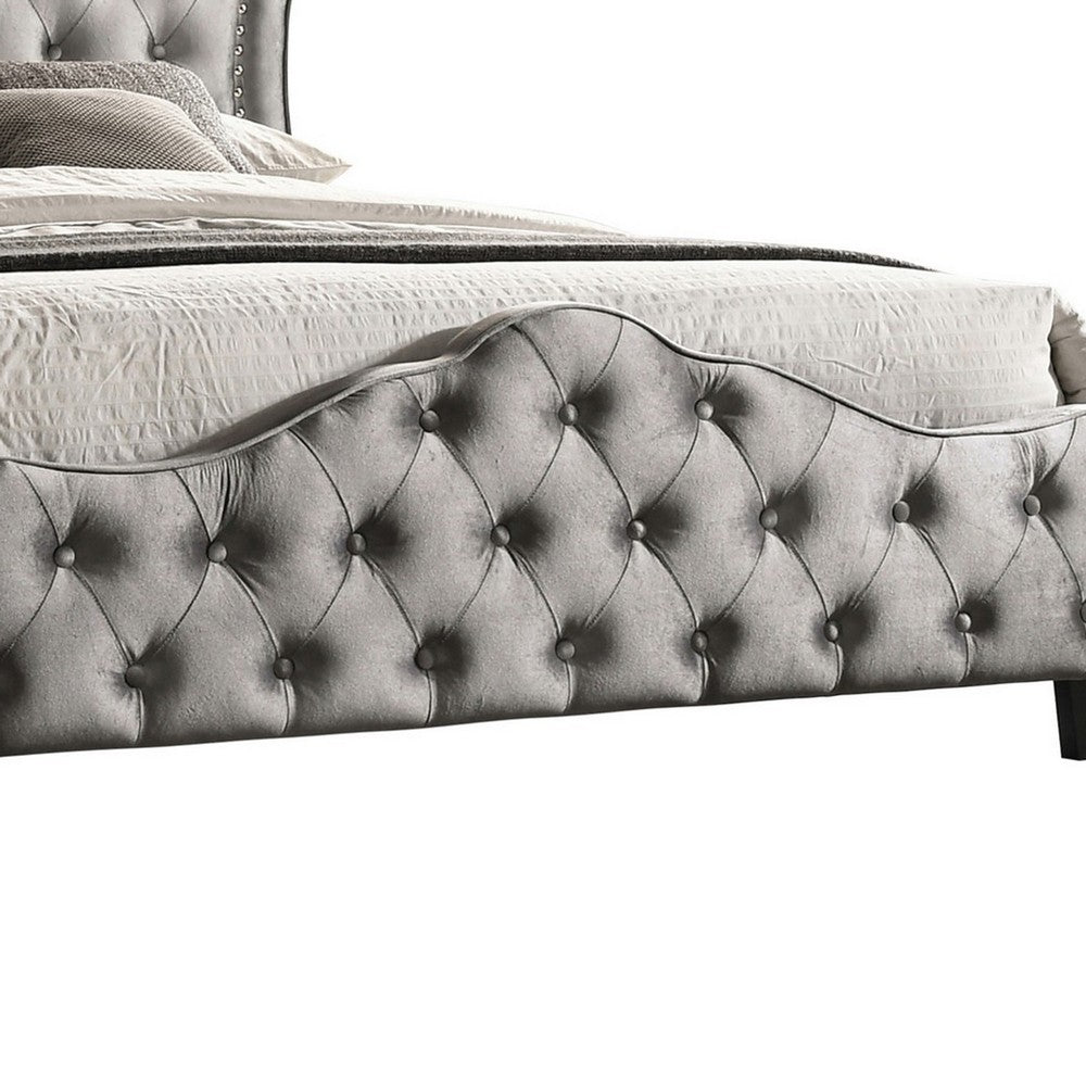 87 Inch Classic Upholstered Queen Size Bed, Scalloped, Button Tufted, Gray - BM280394