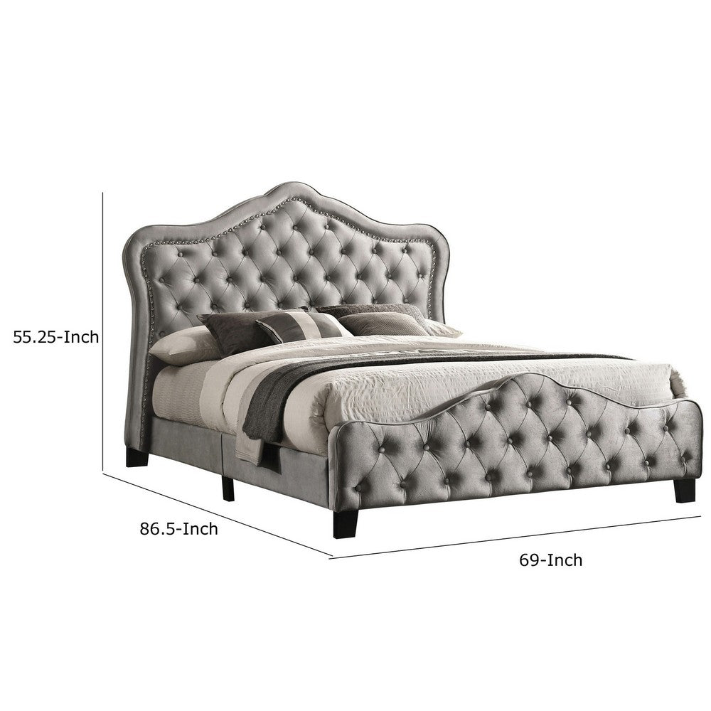 87 Inch Classic Upholstered Queen Size Bed, Scalloped, Button Tufted, Gray - BM280394