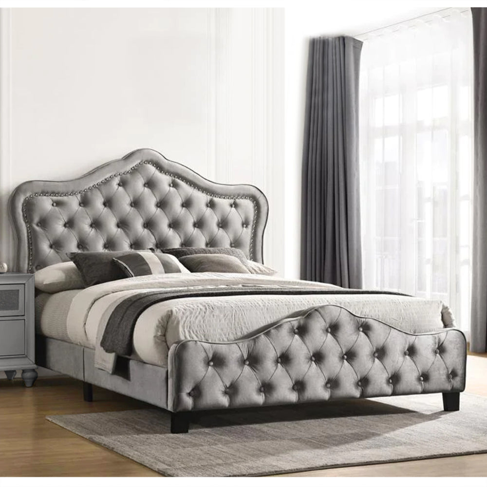 87 Inch Classic Upholstered Queen Size Bed, Scalloped, Button Tufted, Gray - BM280394