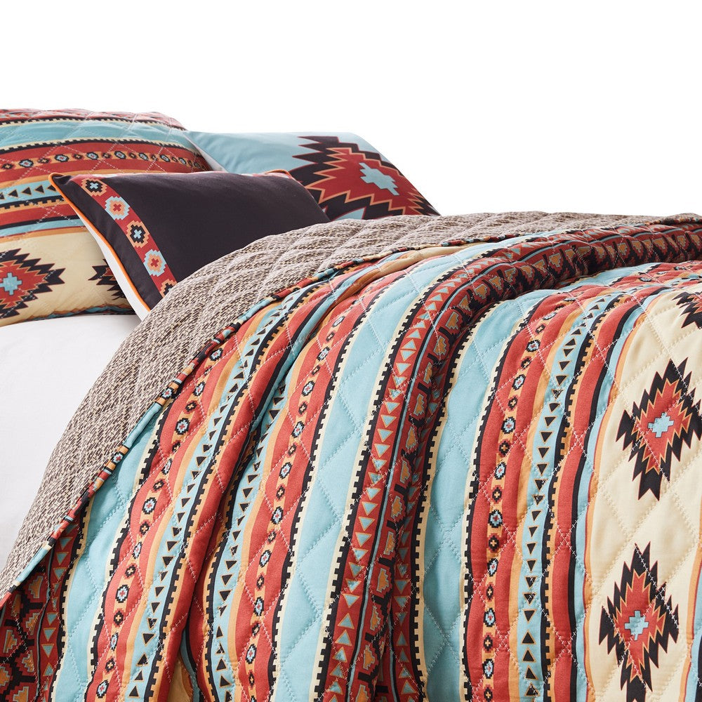 Linda 3 Piece Full Quilt Set, Tribal Pattern, Diamond Design, Multicolor - BM280406