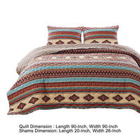 Linda 3 Piece Full Quilt Set, Tribal Pattern, Diamond Design, Multicolor - BM280406