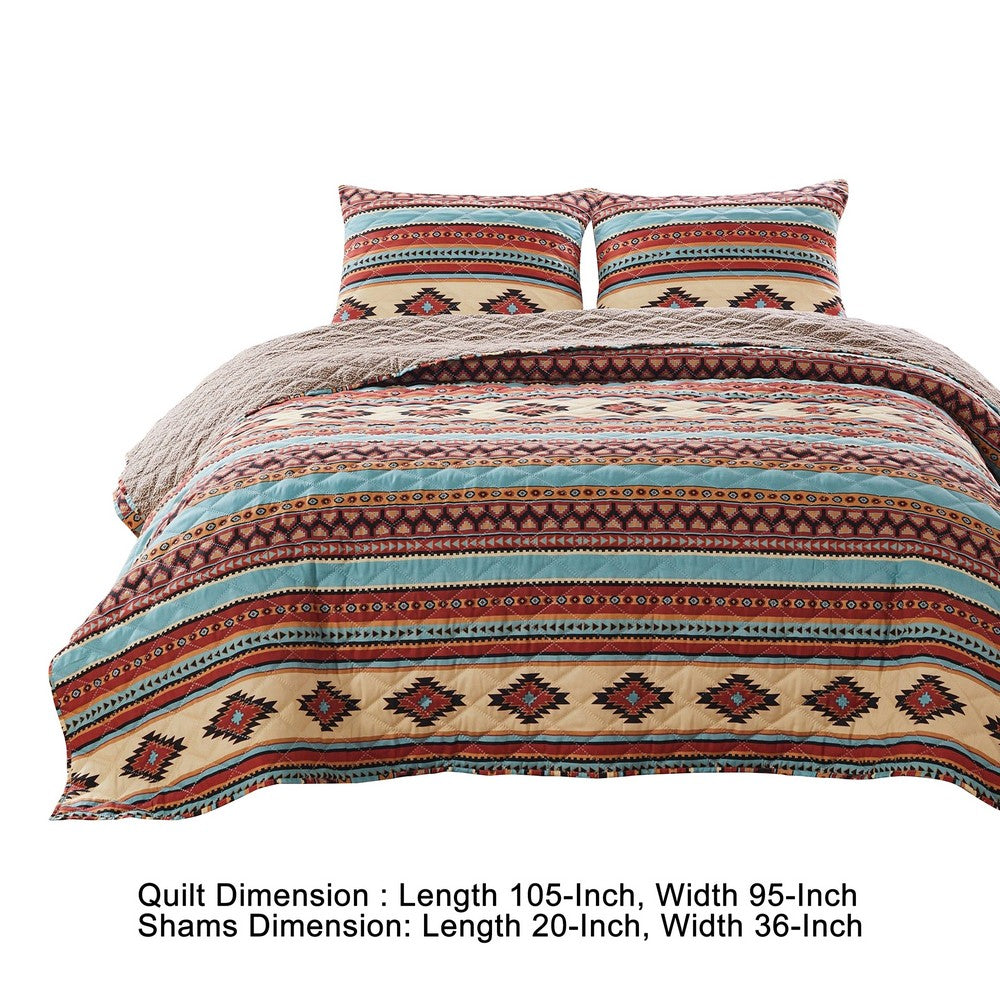 Linda 3 Piece King Quilt Set, Tribal Pattern, Diamond Design, Multicolor - BM280407