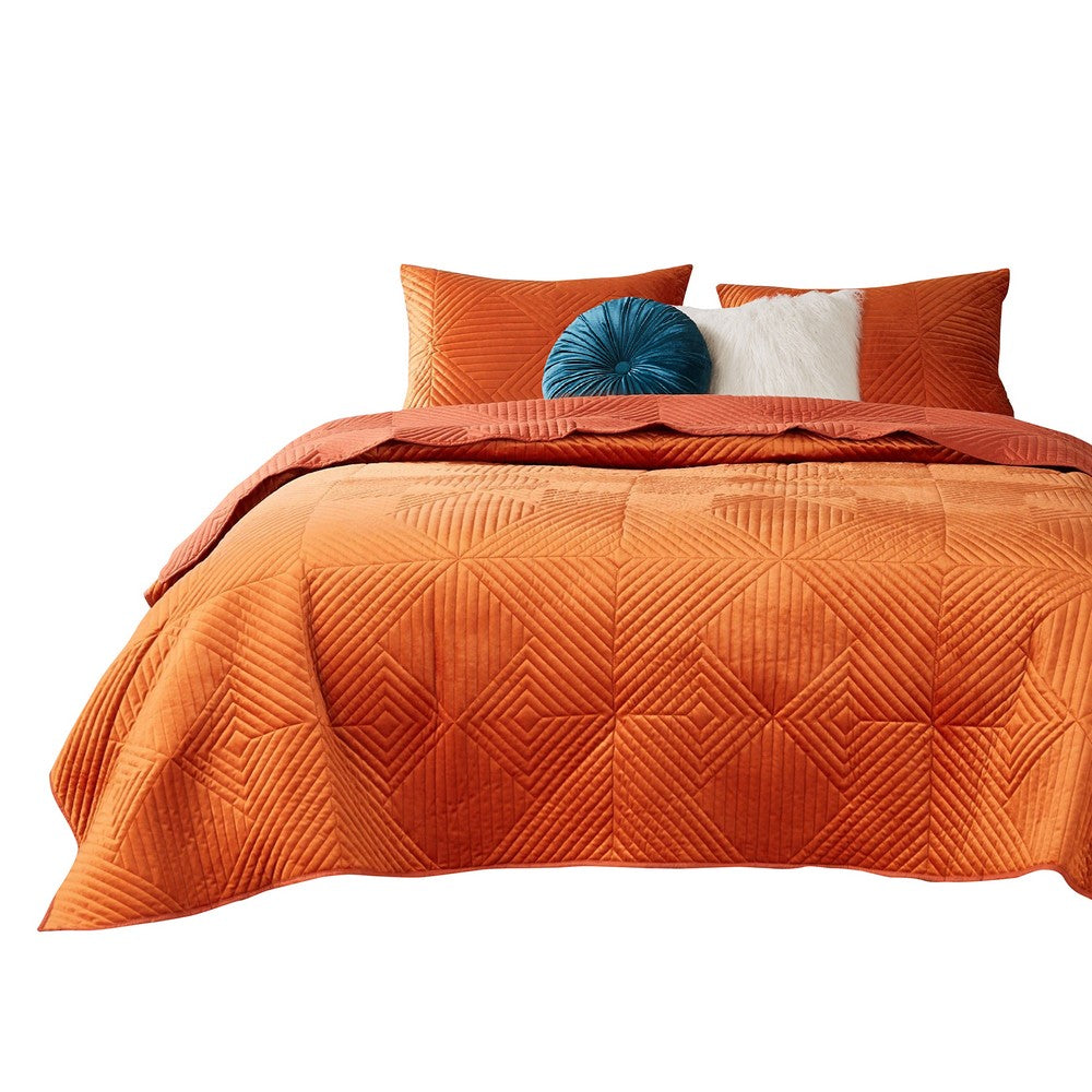 Ahab 3 Piece Velvet Full Quilt Set, Diamond Quilting Design, Orange - BM280412