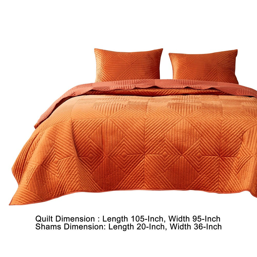 Ahab 3 Piece Velvet King Quilt Set, Diamond Quilting Design, Orange - BM280413