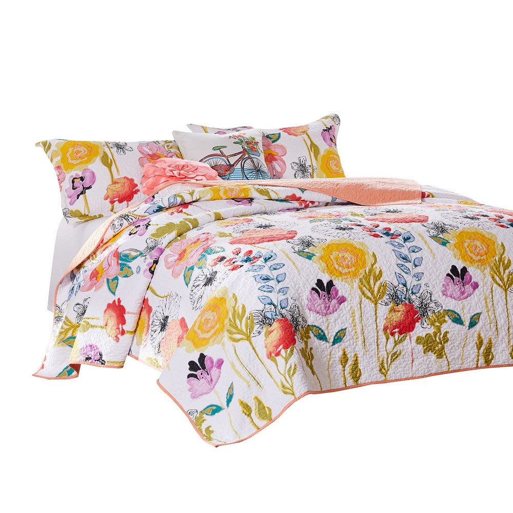 Mavi 4 Piece Reversible Twin Quilt Set, Spring Floral Print, Multicolor - BM280417