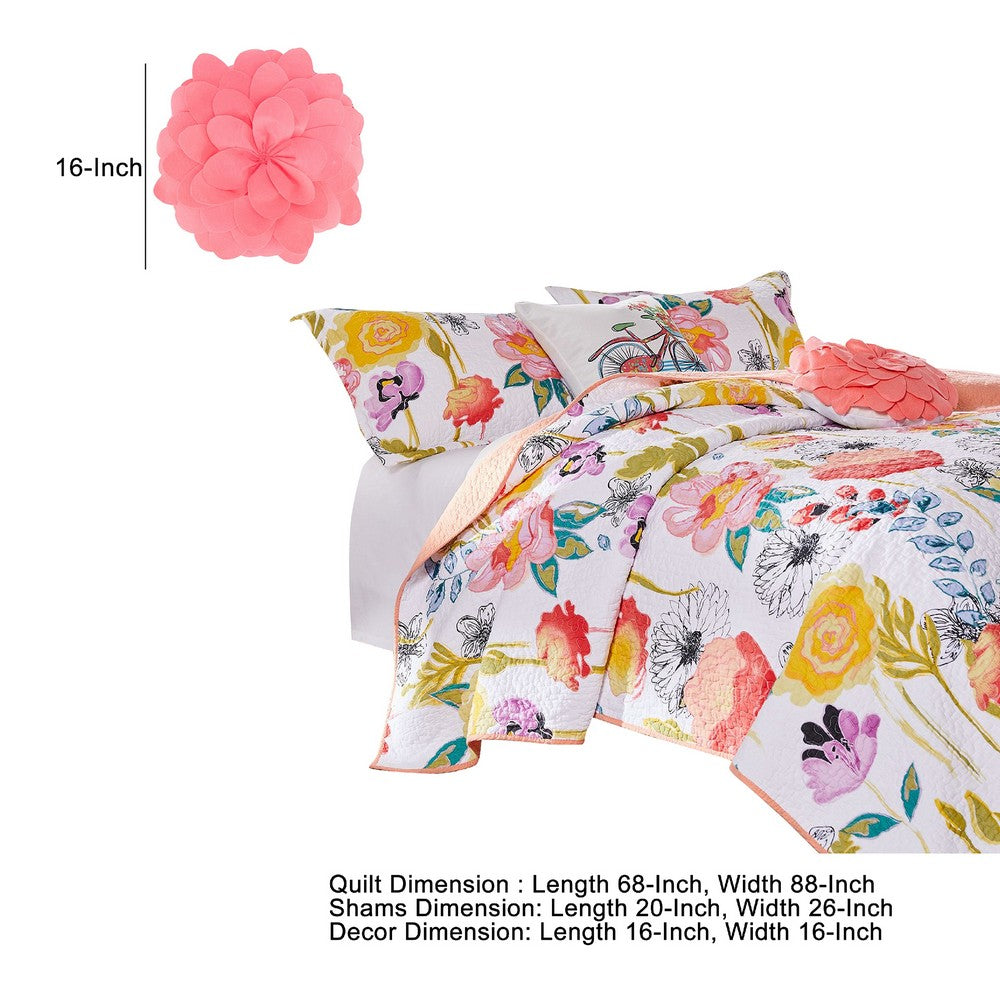 Mavi 4 Piece Reversible Twin Quilt Set, Spring Floral Print, Multicolor - BM280417