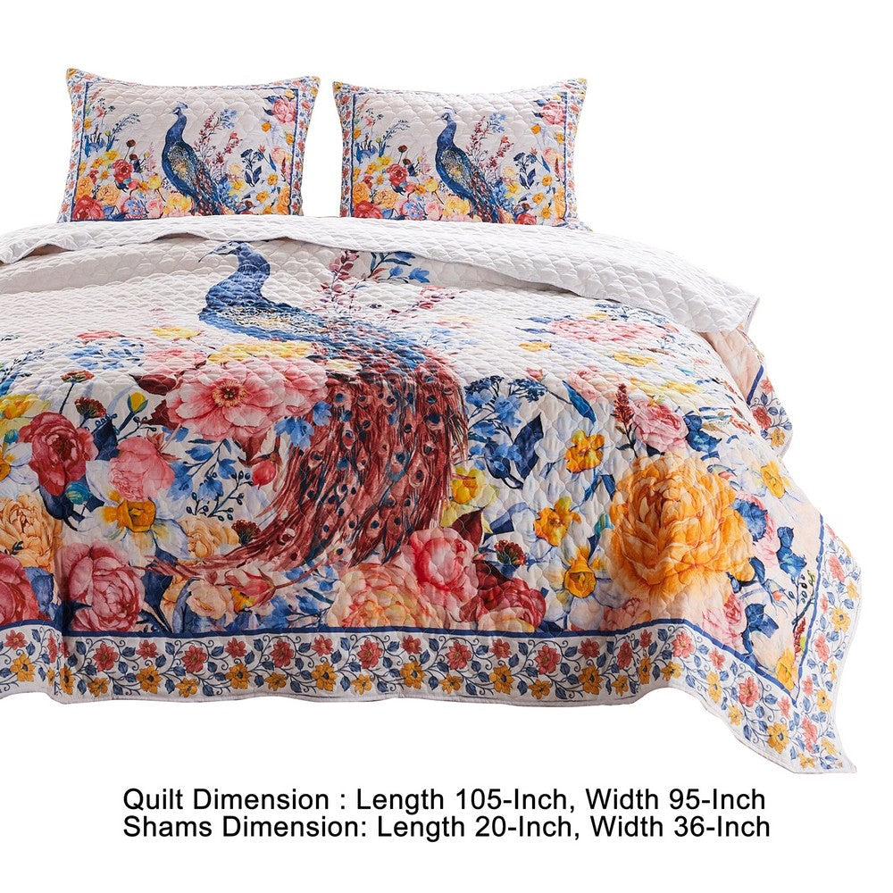 Tess Microfiber 3 Piece King Quilt Set, Peacock, Floral Print, Multicolor - BM280422