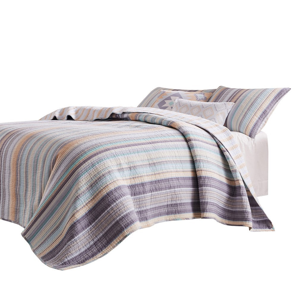 Ysa 3 Piece Soft Cotton Queen Quilt Set, Pastel Striped, Multicolor - BM280435