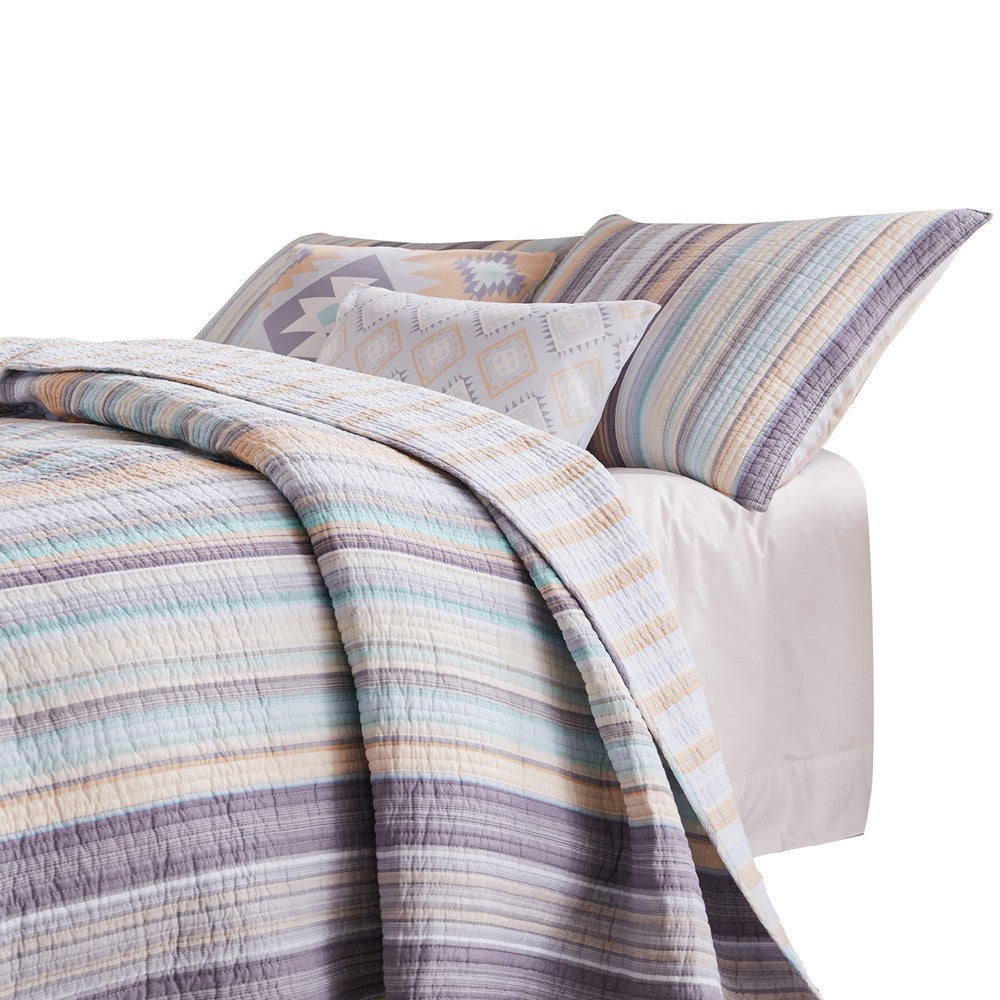 Ysa 3 Piece Soft Cotton Queen Quilt Set, Pastel Striped, Multicolor - BM280435