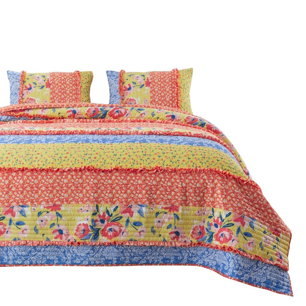 Lio 3 Piece Microfiber Queen Quilt Set, Bohemian Floral Pattern, Multicolor - BM280445