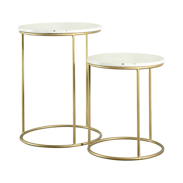 22, 17 Inch Modern 2 Piece Nesting End Table Set, White Marble Top, Gold - BM280460
